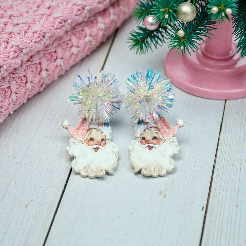 Pink Santa Tinsel Earrings