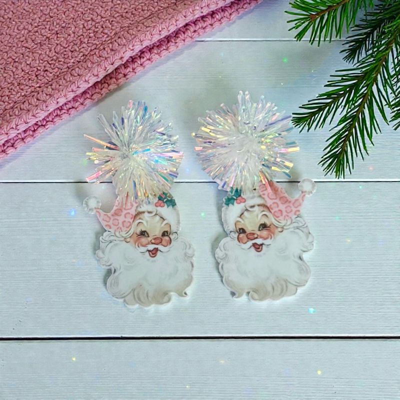Pink Santa Tinsel Earrings