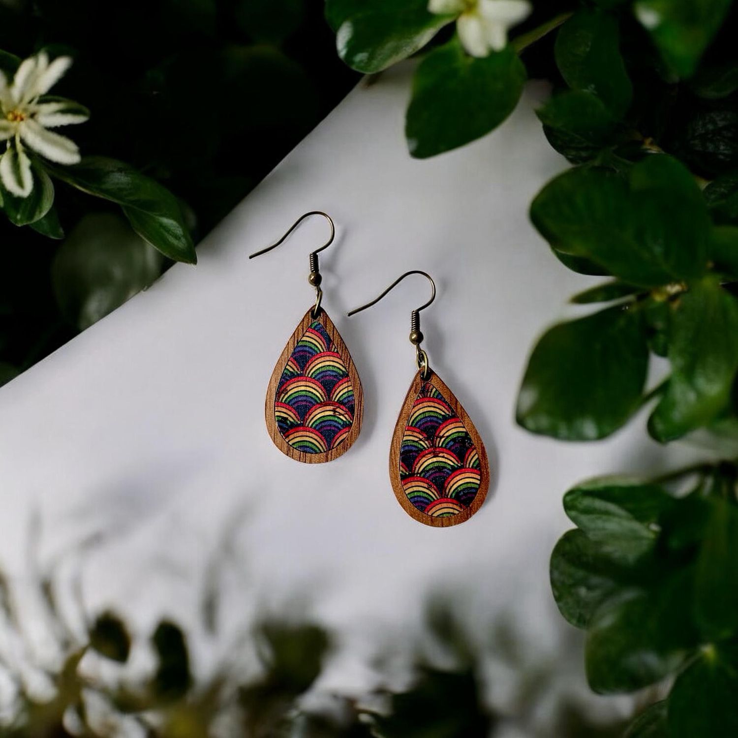Teardrop Wood Mini Earrings (Vintage Rainbow)