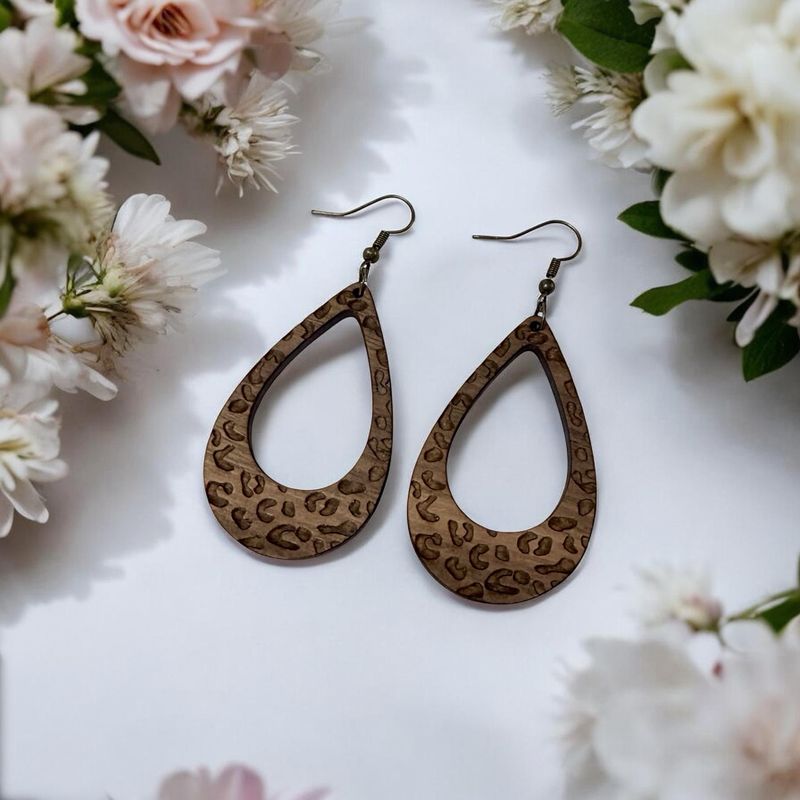Leopard Teardrop Earrings (Walnut Wood)