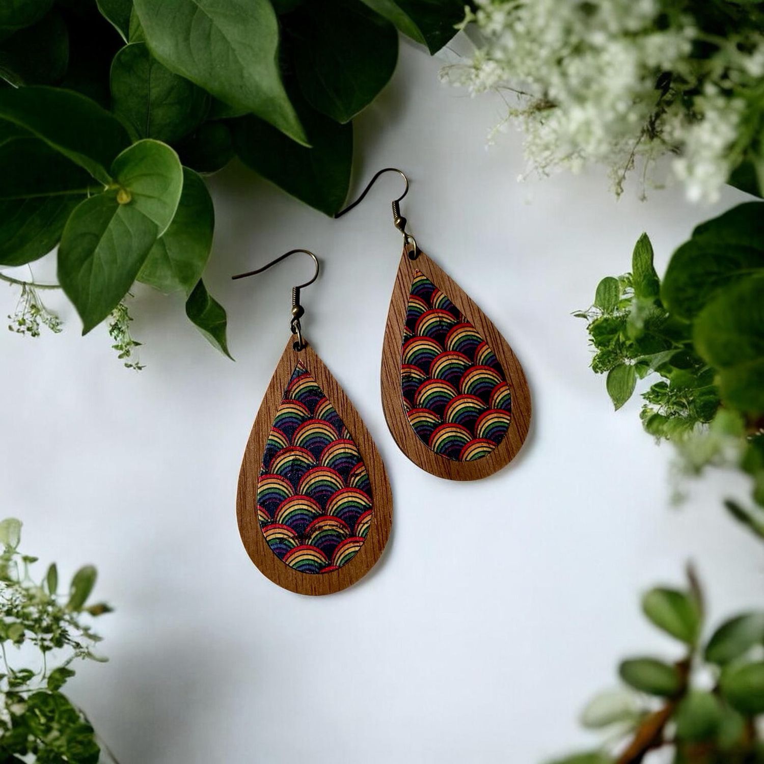 Teardrop Wood Earrings (Vintage Rainbow)