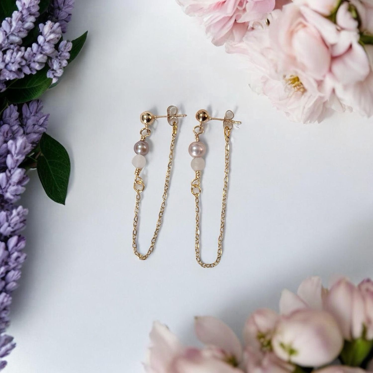 Pearl Chain Earrings (Gold)