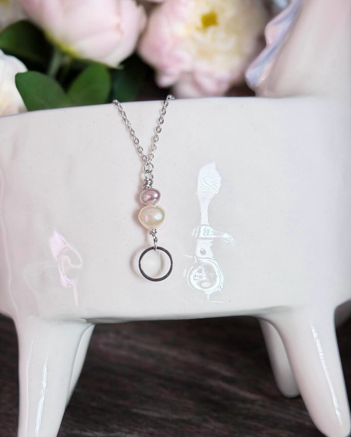 Handmade Necklace (Lavender And White Pearls - Silver)