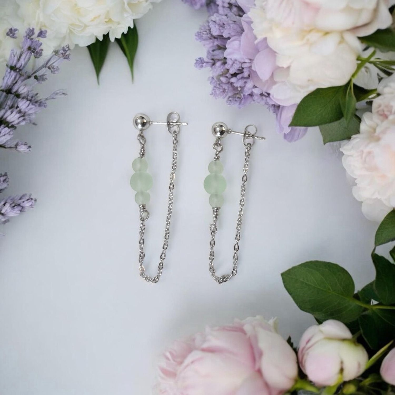 Seaglass Chain Earrings (Silver)