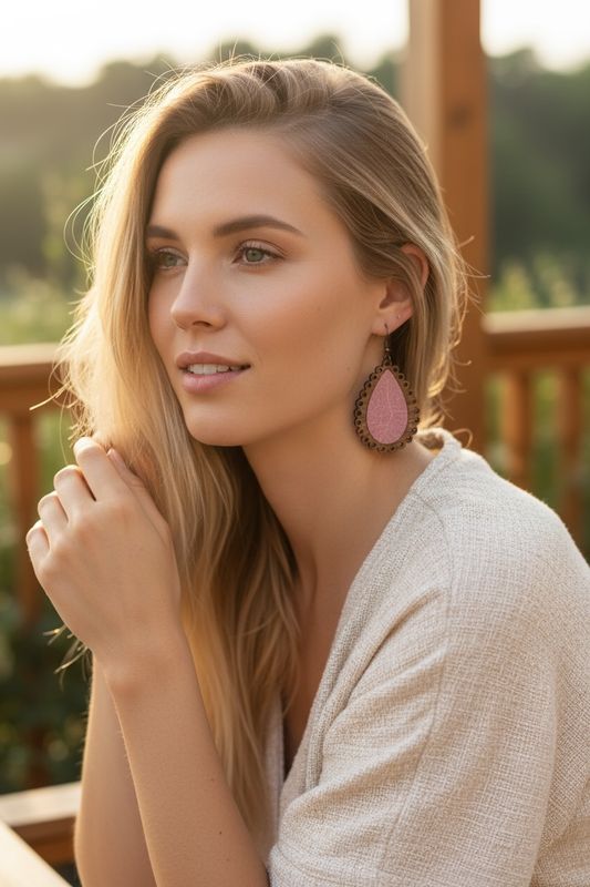 Laced Teardrop Earrings With Inlay (Mauve Pink)