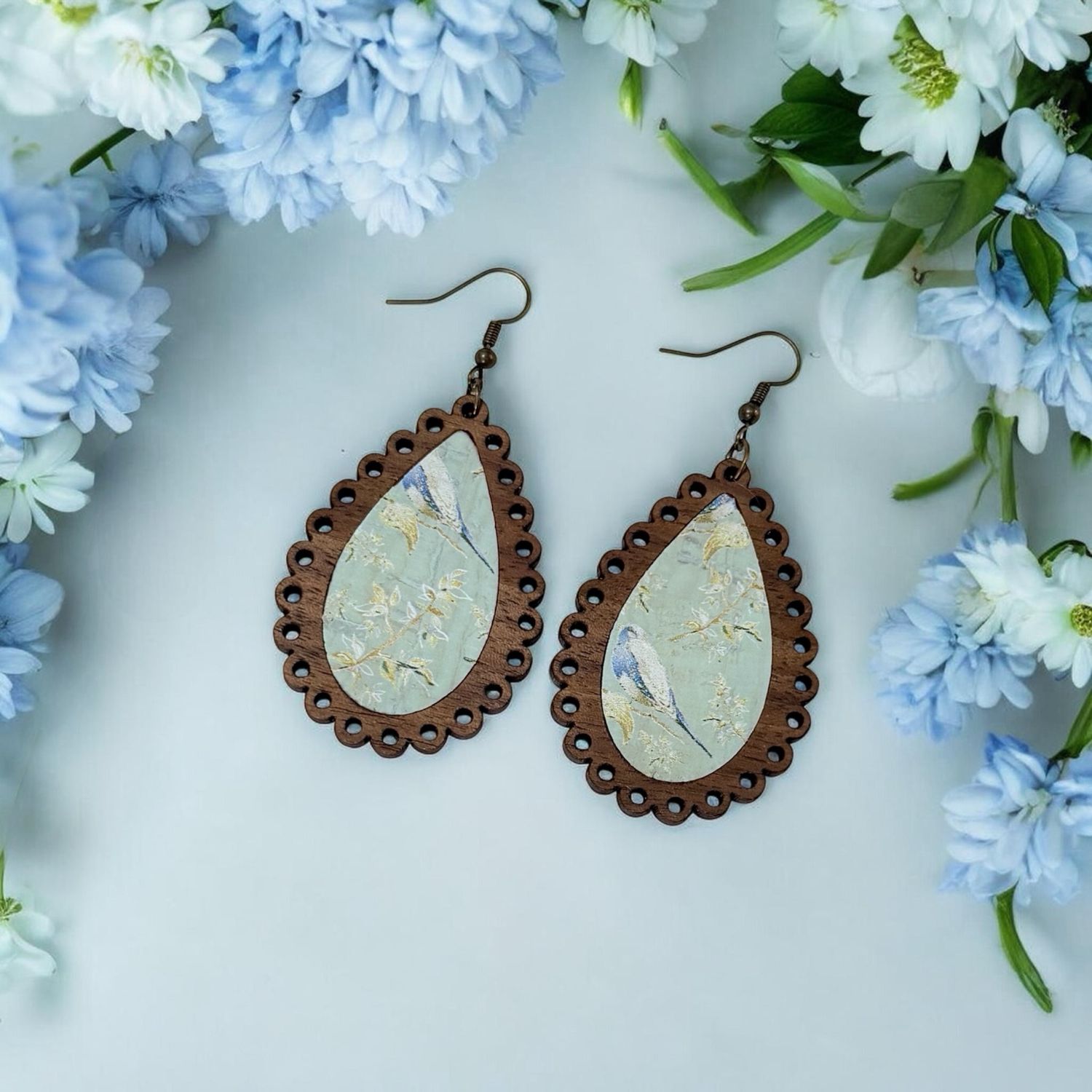 Laced Teardrop Earrings With Inlay (Blue Bird)