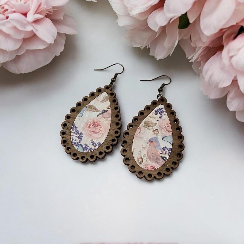 Laced Teardrop Earrings With Inlay (Birds And Roses)