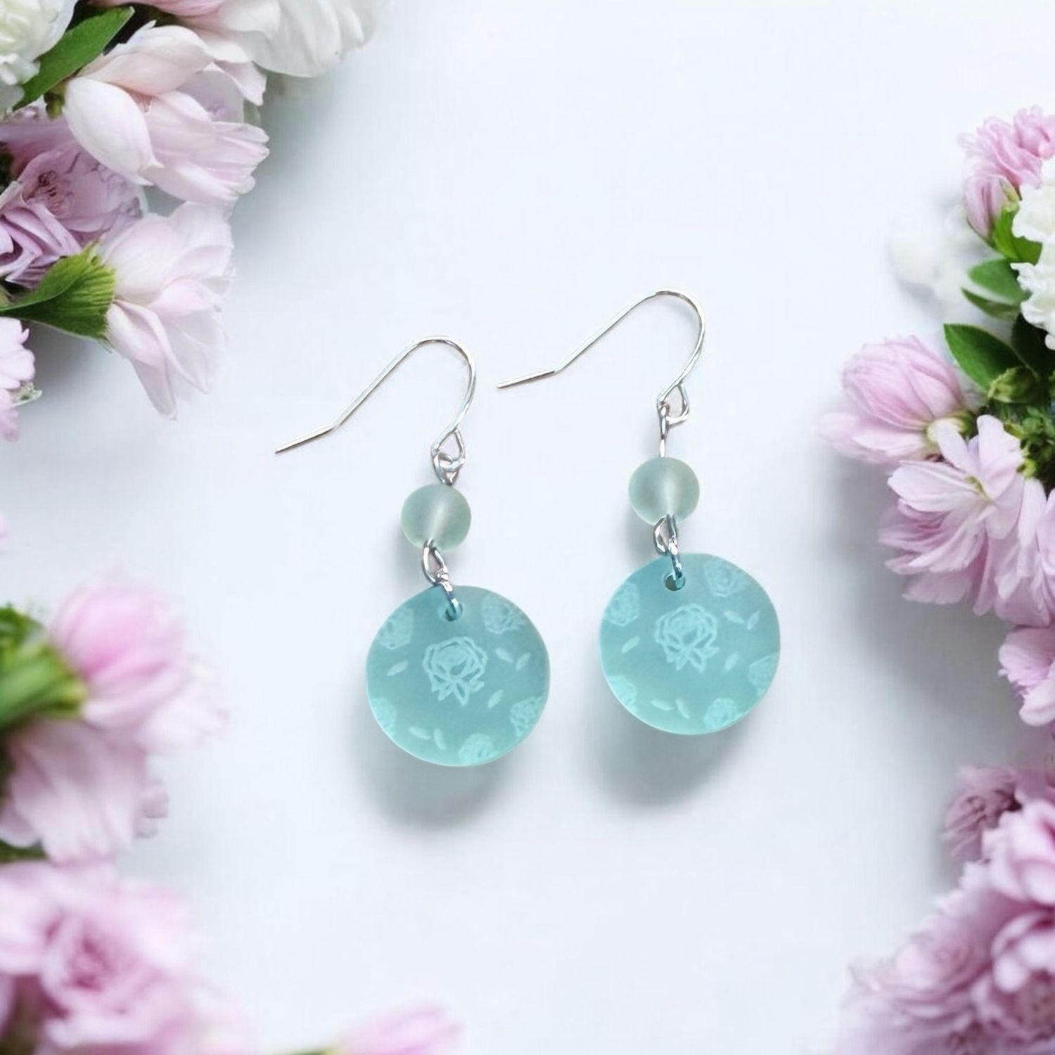 Seaglass And Rose Engraved Earrings
