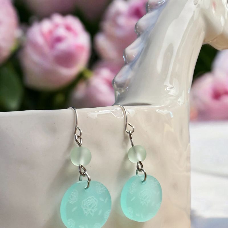 Seaglass And Rose Engraved Earrings