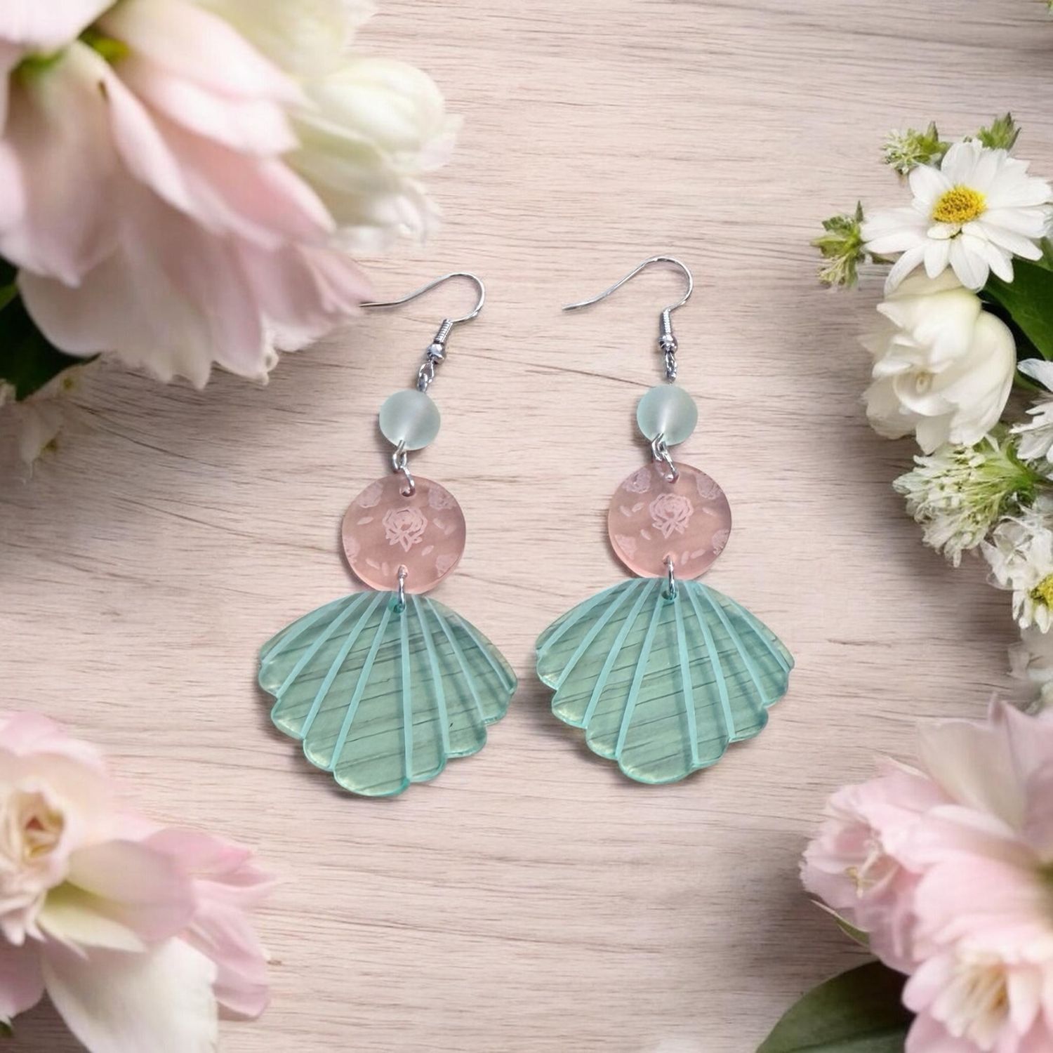 Pink Rose Engraved And Seaglass Fan Earrings