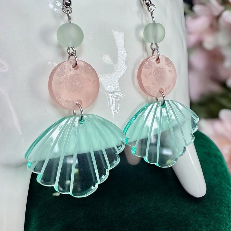 Pink Rose Engraved And Seaglass Fan Earrings