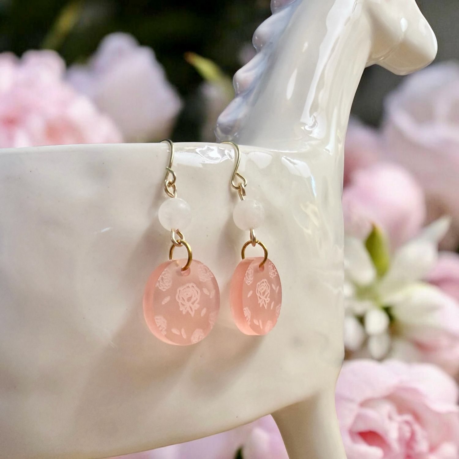 Quartz Bead And Rose Engraved Earrings