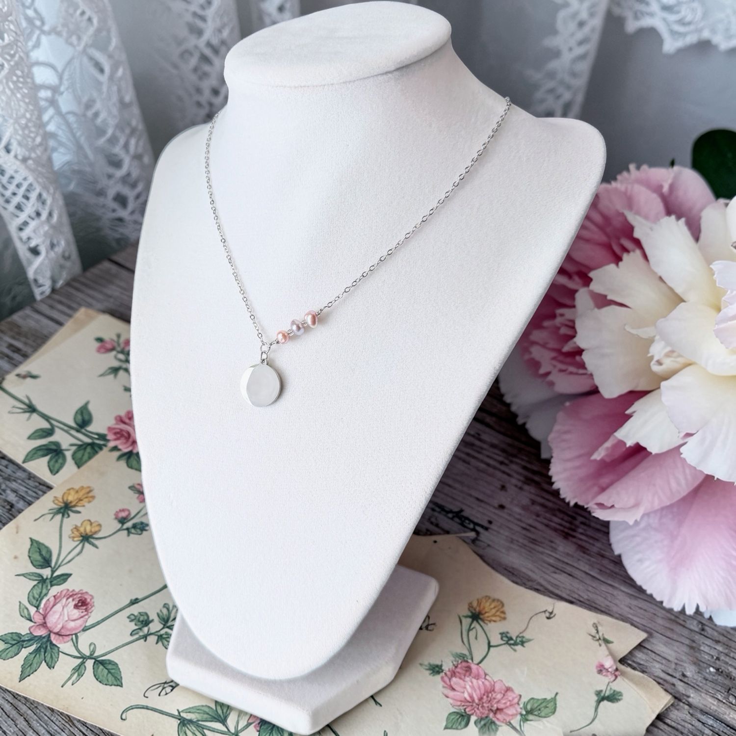 Actual Handwriting Small Circle Necklace With Pearls (15mm Circle - Silver)