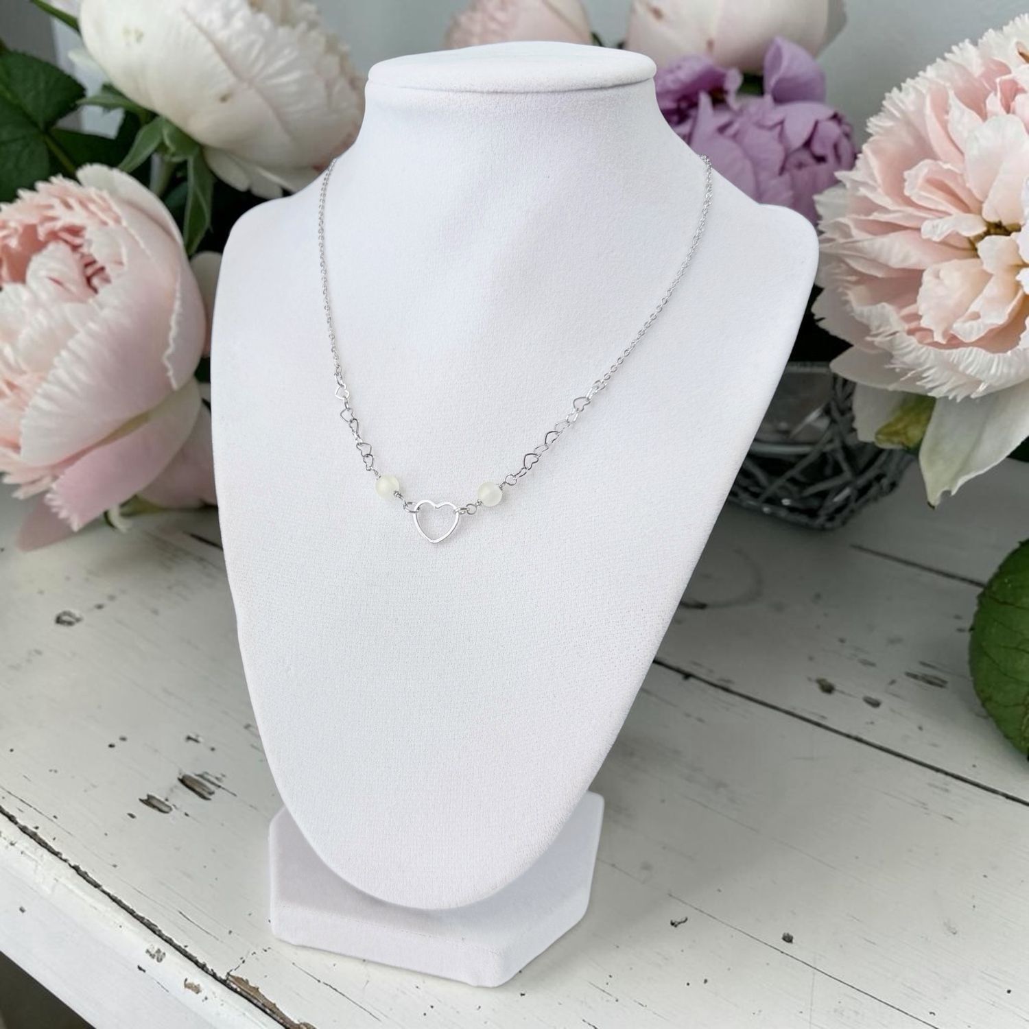 Handmade Necklace (Moonstone Beads With Heart Chain)