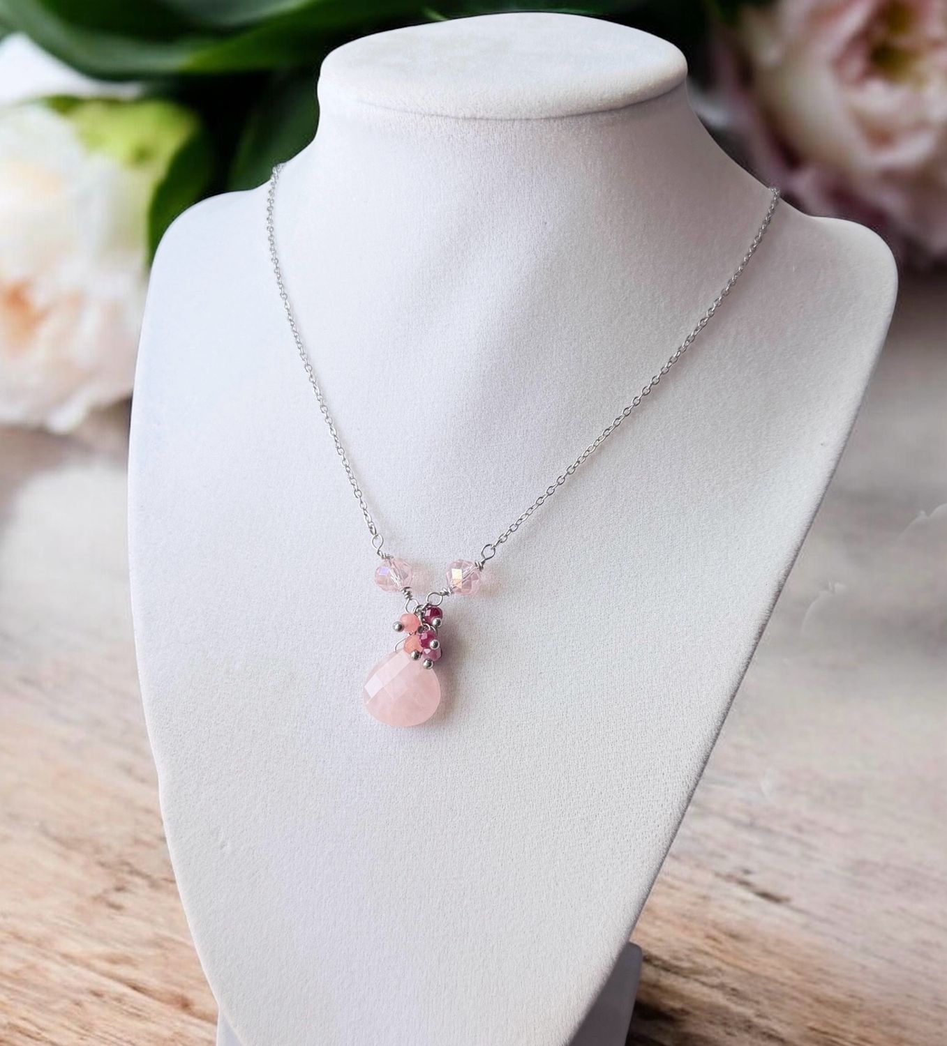 Handmade Necklace (Pink Quartz With Silver Chain)
