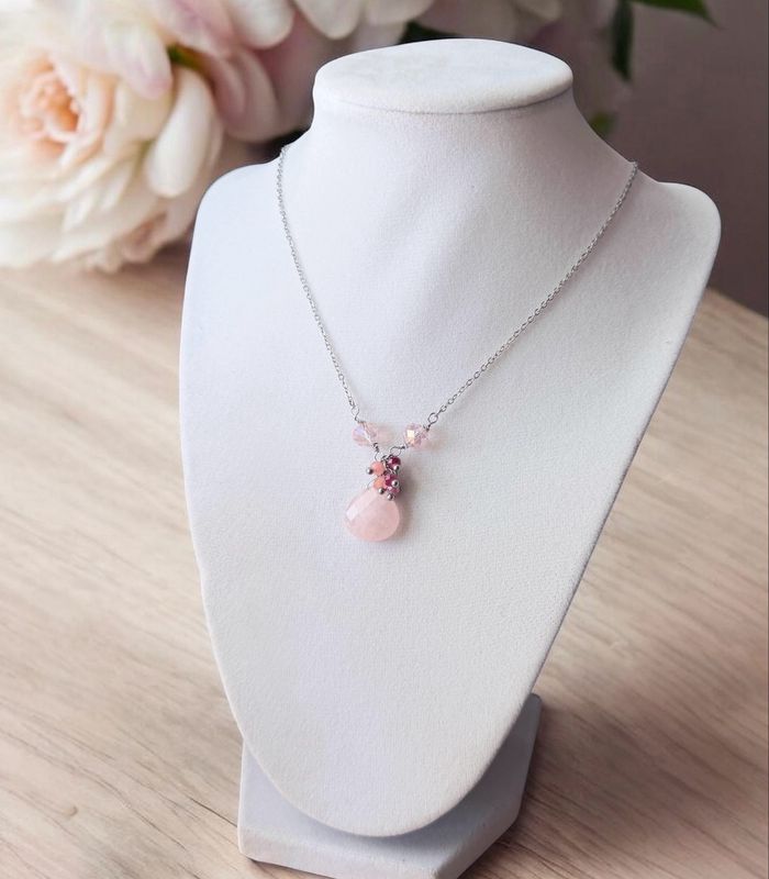 Handmade Necklace (Pink Quartz With Silver Chain)