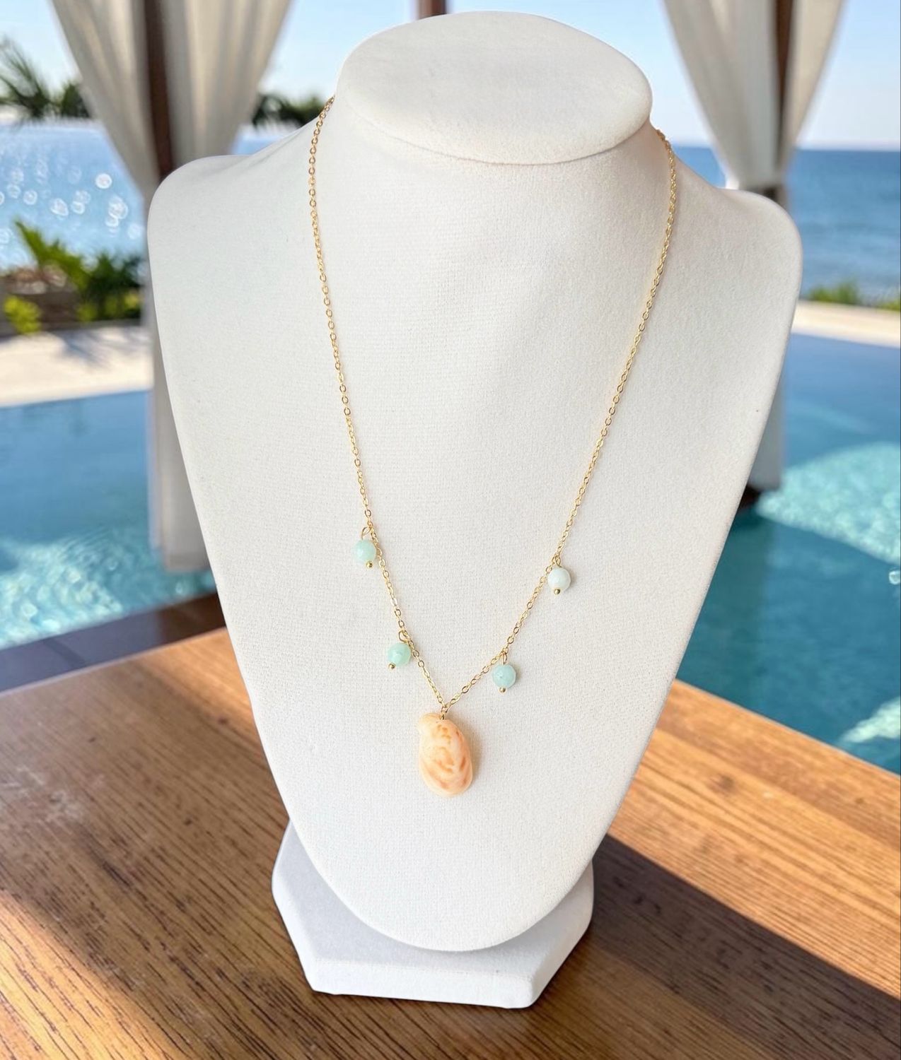 Handmade Necklace (Slipper Shell With Aqua Quartzite And Gold Chain)