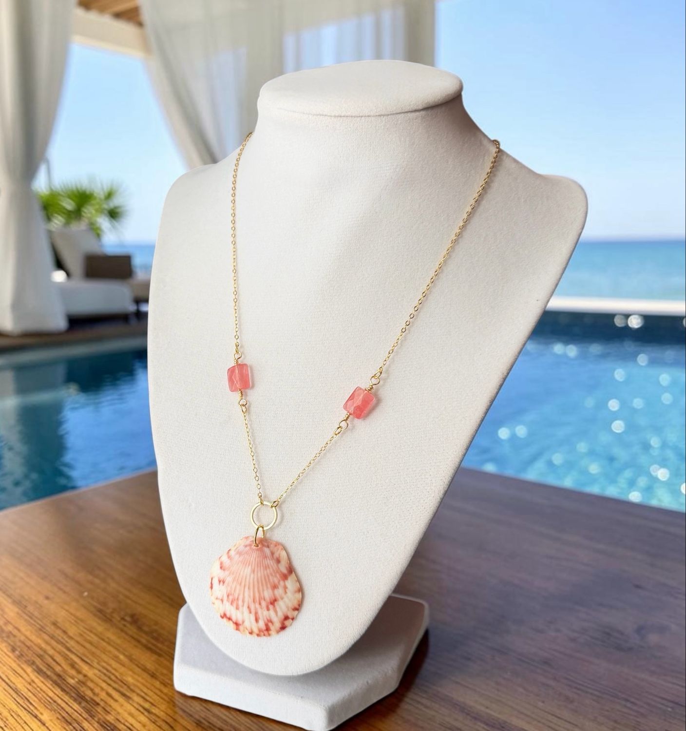 Handmade Necklace (Calico Shell With Strawberry Quartz And Gold Chain)