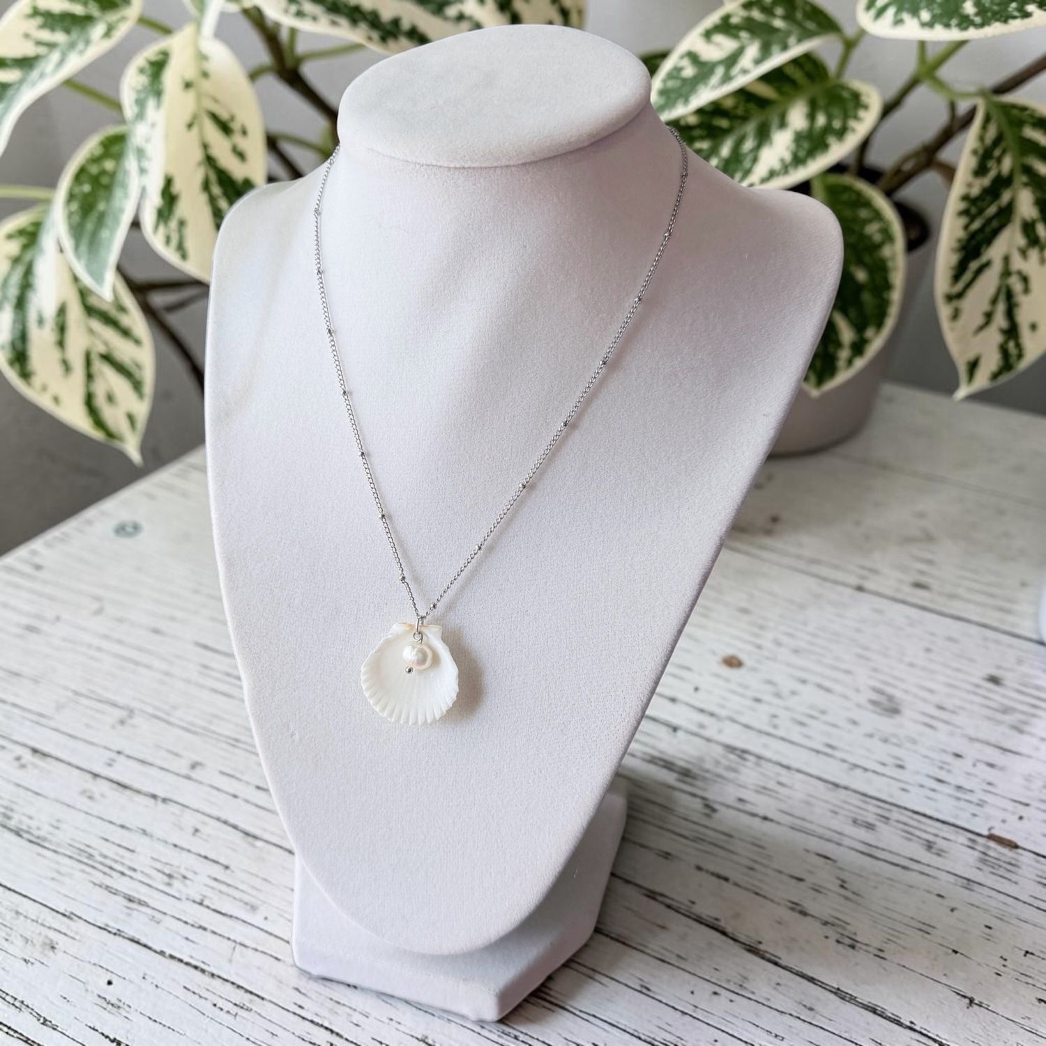 Handmade Necklace (White Scallop Shell With Freshwater Pearl And Silver Chain)