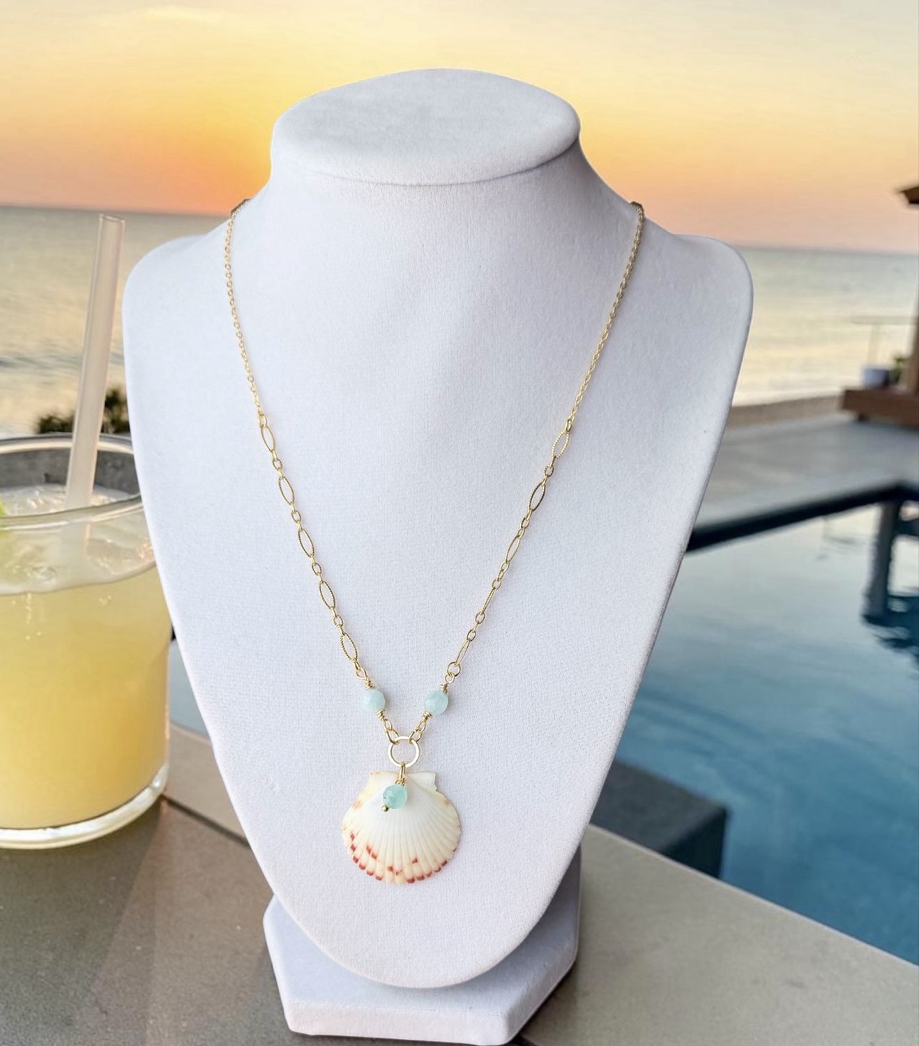 Handmade Necklace (Calico Shell With Aqua Quartzite And Gold Chain)