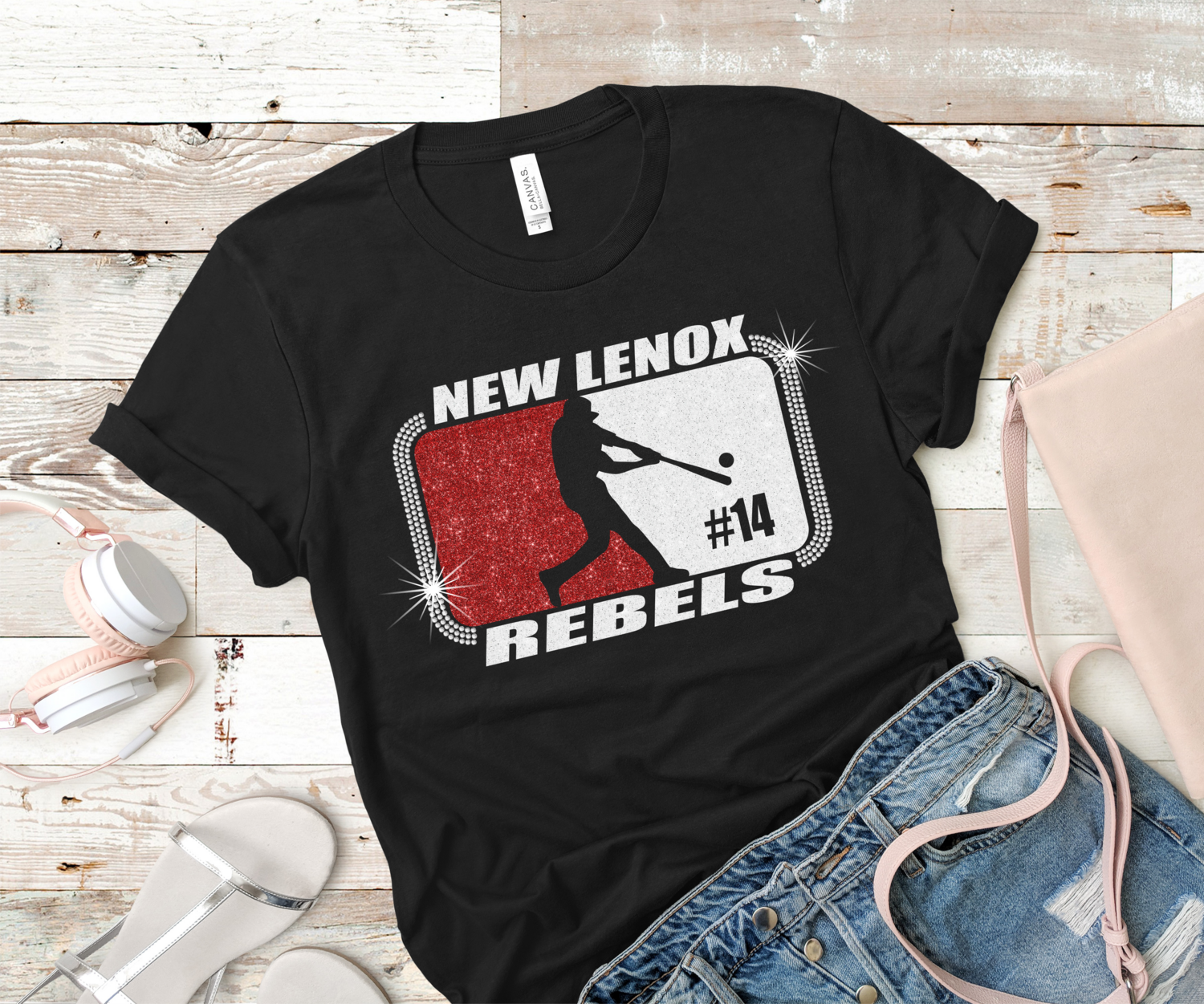 Glitter and Rhinestone Embellished Custom Baseball Tee Shirt