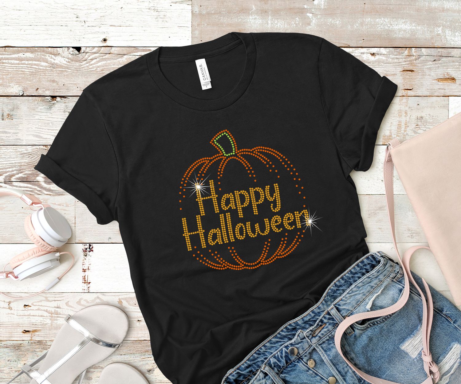 Fading Pumpkin Happy Halloween Rhinestone Tee Fading Pumpkin Happy Halloween Rhinestone Tee