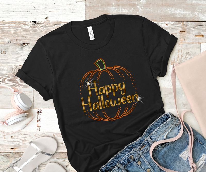 Fading Pumpkin Happy Halloween Rhinestone Tee