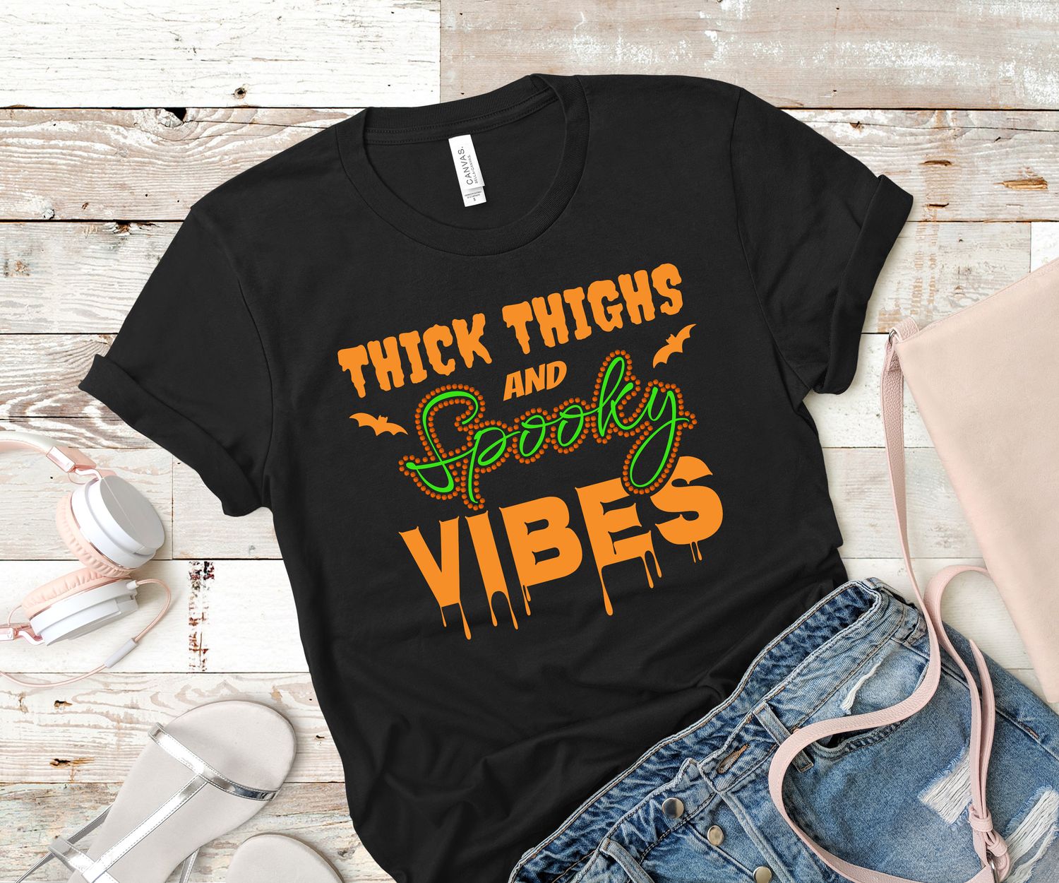 Thick Thighs and Spooky Vibes Rhinestone Tee