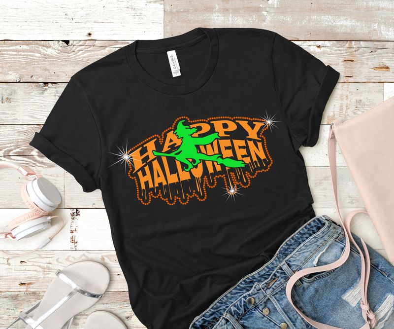 Flying Witch Drip Rhinestone Halloween Tee