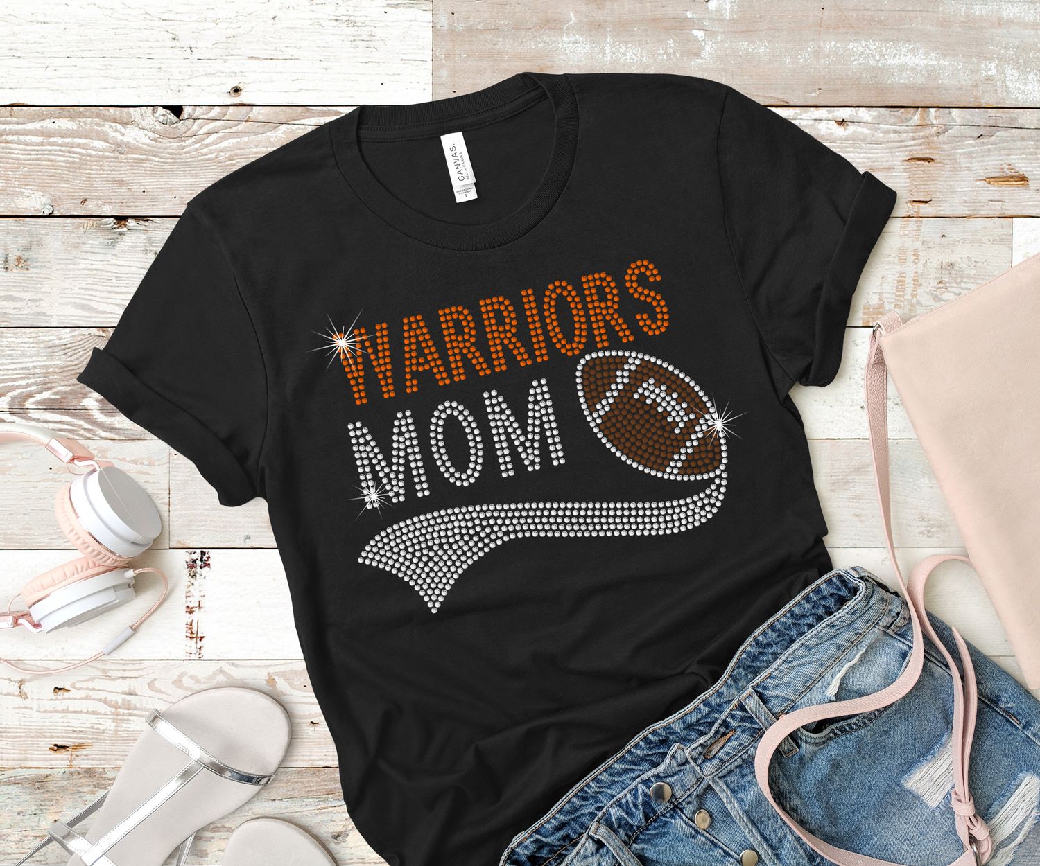Custom Football Mom Rhinestone Tee with Swoosh