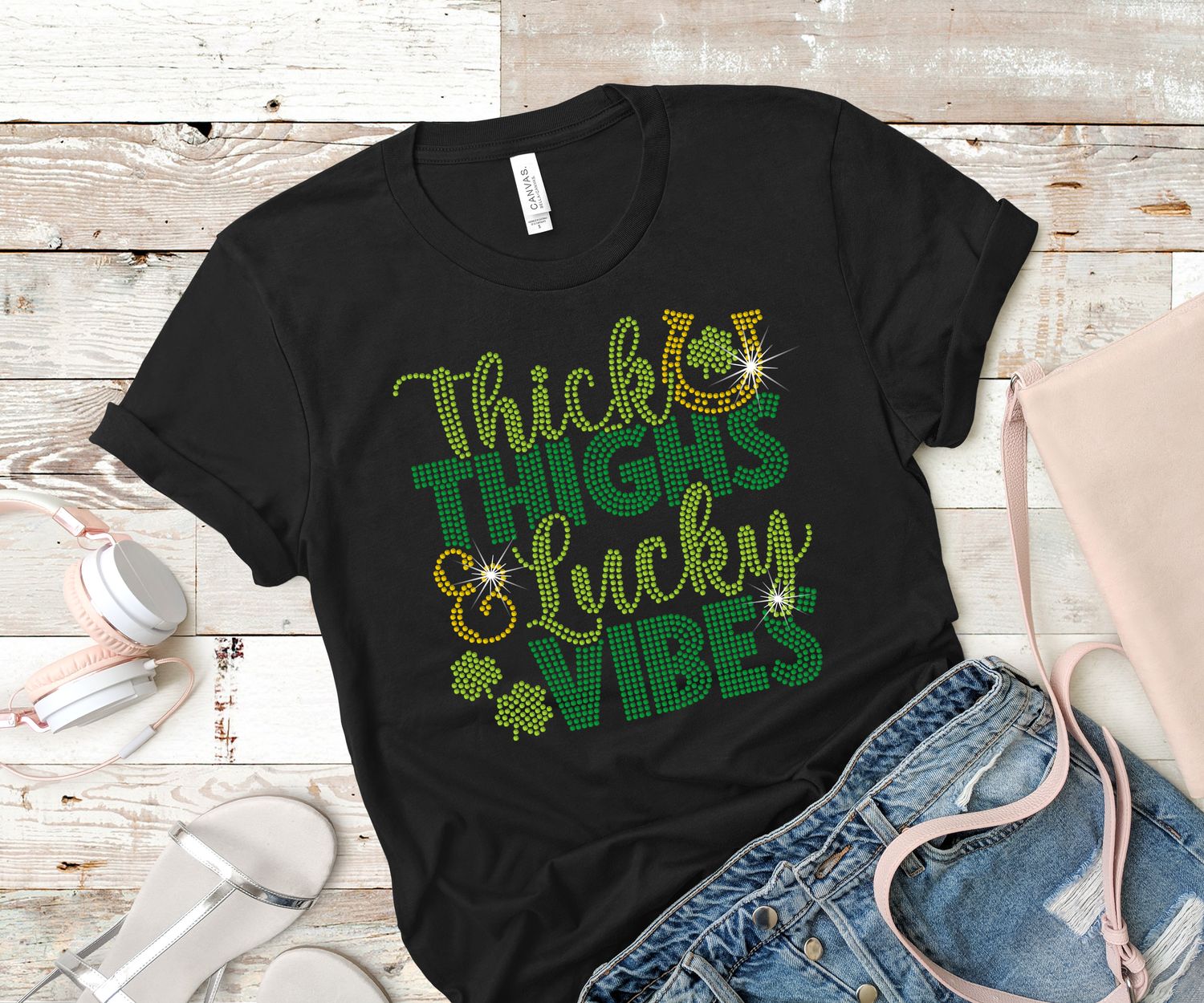 Thick Thighs and Lucky Vibes Rhinestone Tee