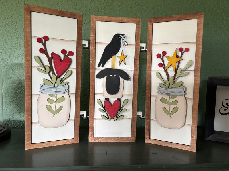 Primitive  Shutter Trio Mason Jars, Sheep and Bird