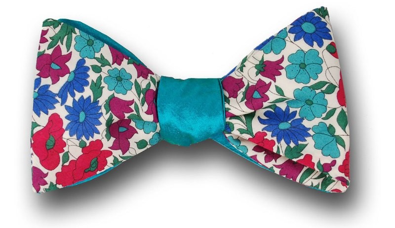 Men's Bowtie Liberty of London Poppy Daisy Purple/Blue with Teal Shantung Silk Half and Half Bow Tie