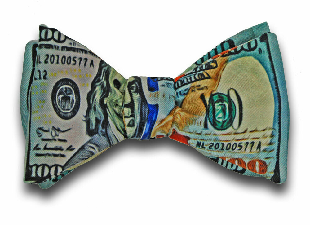 SILK TWILL-$100 Bill C Note Ben Franklin Silk Bow Tie 2 In 1!