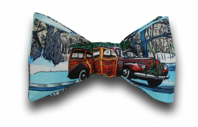 Christmas Tree Atop a Woodie Wagon Woody Wagon Silk Bow Tie