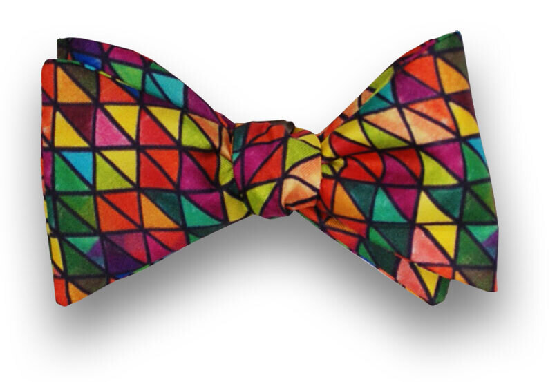 Men's Silk Bow Tie Full Color Triangles on Midnight Blue