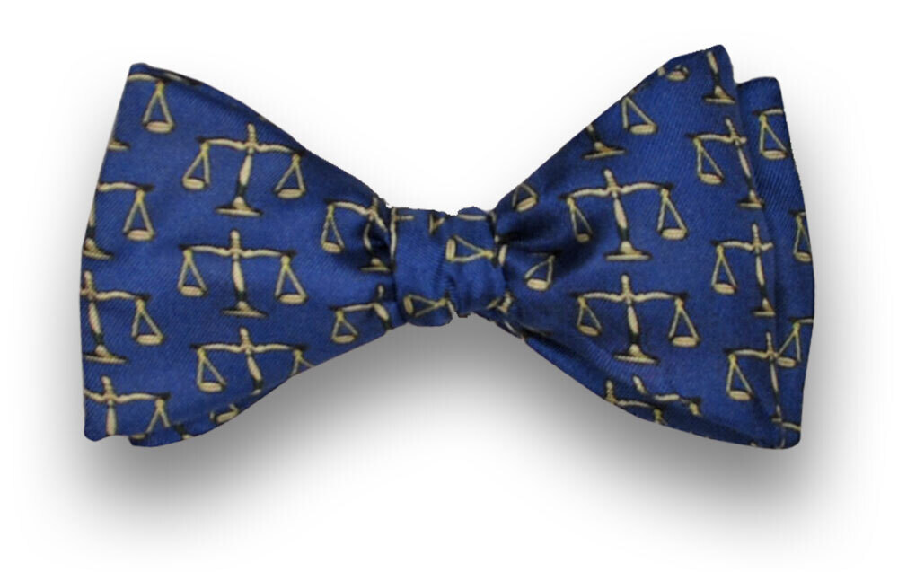 Men's Silk Bow Tie Scales of Justice on Slate Blue Lawyer Judge Bowtie