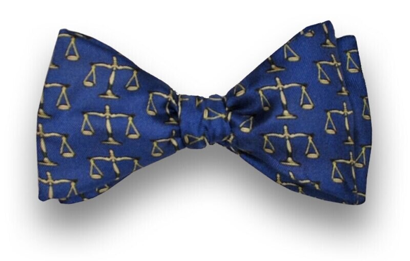 Men's Silk Bow Tie Scales of Justice on Slate Blue Lawyer Judge Bowtie