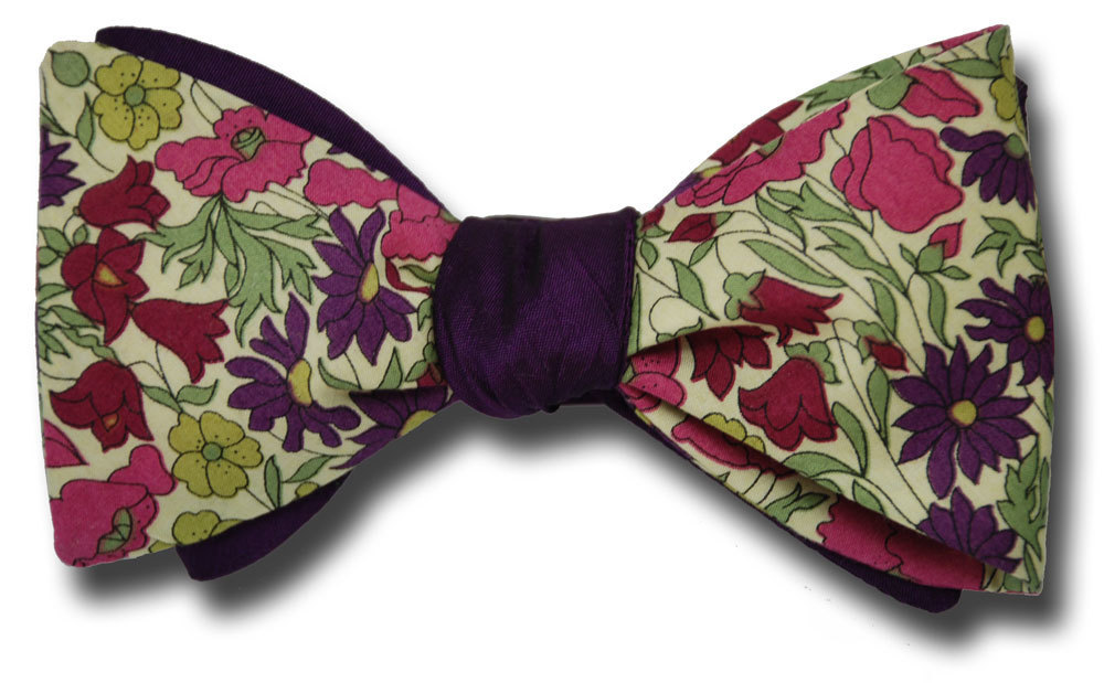 Liberty of London Poppy Daisy Rose Deep Purple Shantung Half &amp; Half Bow Tie