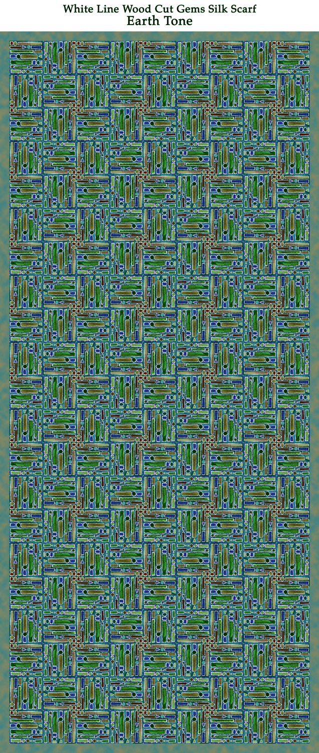 White Line Wood Cut Gems Silk Scarf