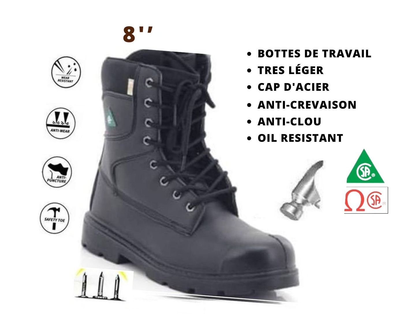 Botte de Securite/CSA/Logo vert/Cap D'acier/ safety boot/ metal toe/Oil Resistant