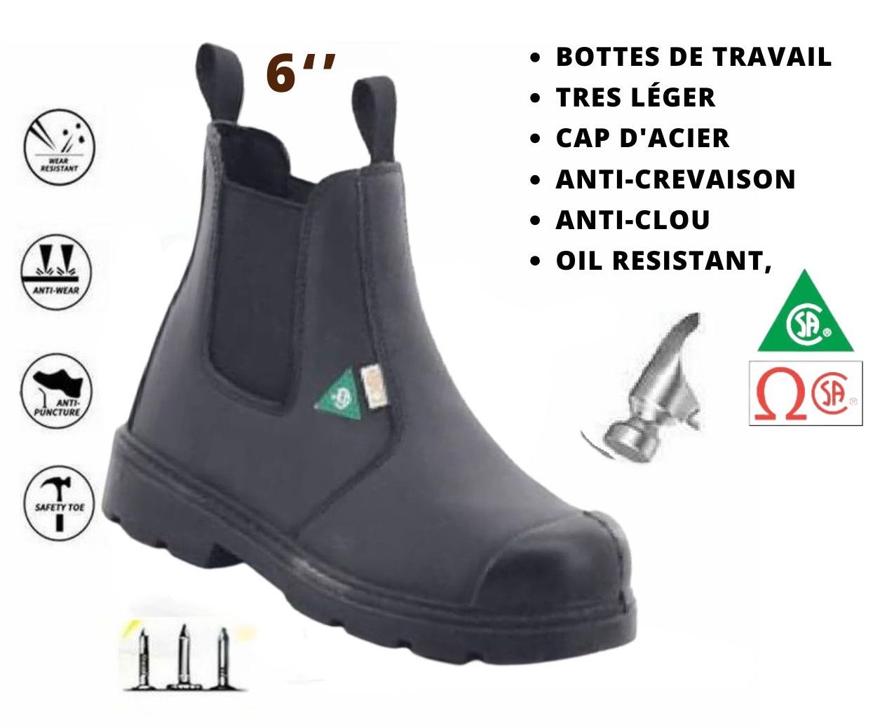 Botte des Securite - CSA - Logo Vert - Safety Boots - Safety Shoes - Oil Resistant - résistant à l'huile - Cap D'acier - Steel Toe - Anti Puncture - Anti crevaison