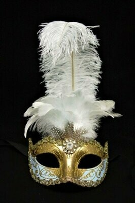 Máscara con pluma celeste y oro