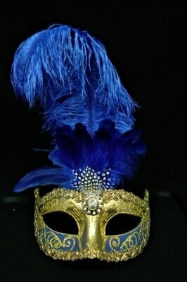 Máscara con pluma azul y oro