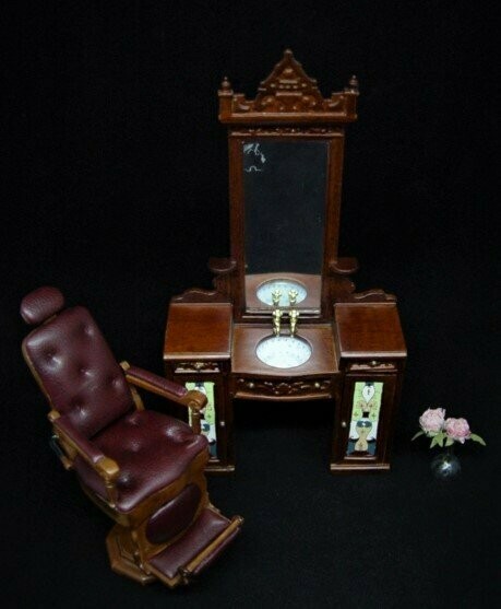 Lavabo y sillón de barbero en miniatura