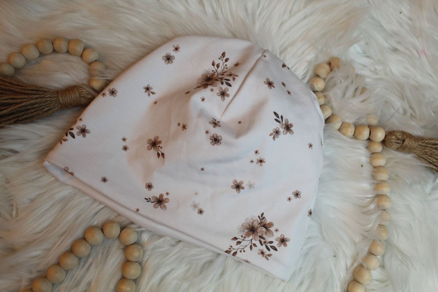 Beaniemütze  Blüten Beige Gr. 50/51