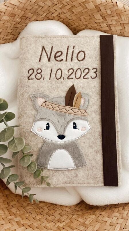Untersuchungshefthülle Fuchs untersuchungshefthülle aus filz, untersuchungshefthülle aus wollfilz, uhefthülle personalisiert, personalisierte babygeschenke zur geburt, uhefthülle mädchen, uhefthülle für jungs, untersuchungshefthülle Bohofuchs, uhefthülle mit name braun grau