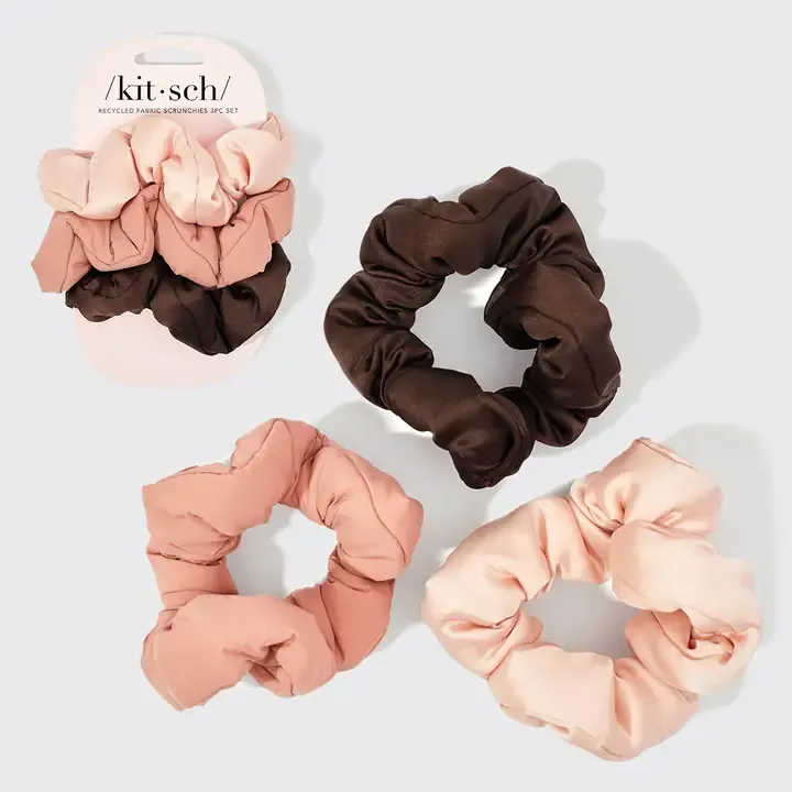 Recycled Fabric Puffy Scrunchies 3pc Set - Rosewood
