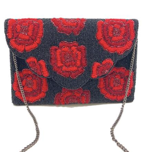 LAC-SS-489 Black Red Rose Clutch