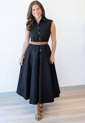 Solid Sleeveless Belted Midi Dress